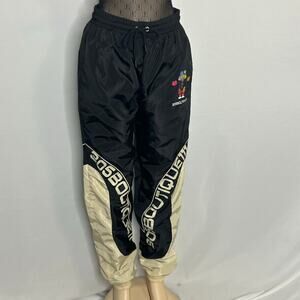 305BoutiqueM XL Black Cream Nylon Track Pants Streetwear Y2K Graphic Joggers